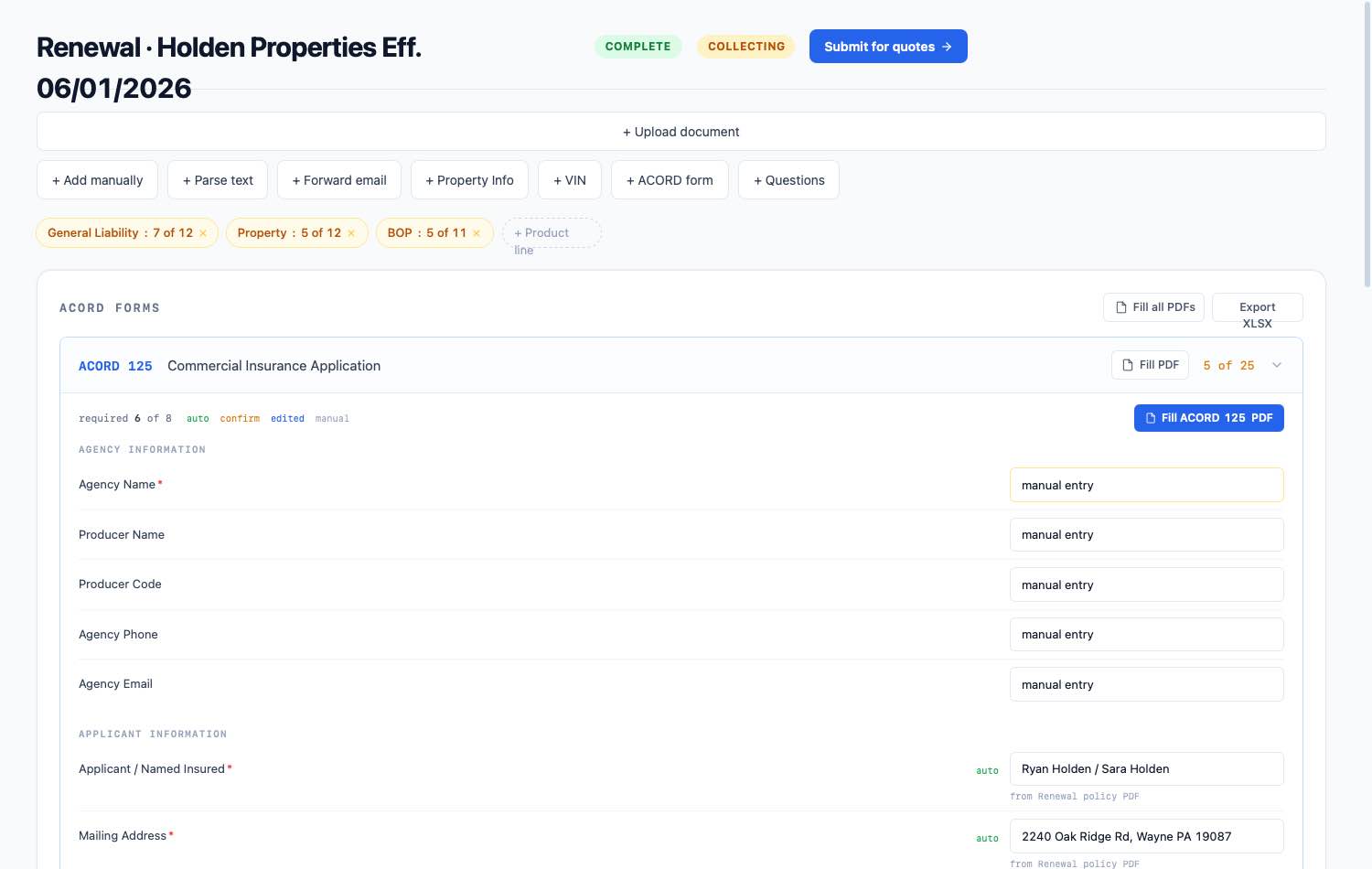 Client Intake — ACORD form auto-filled